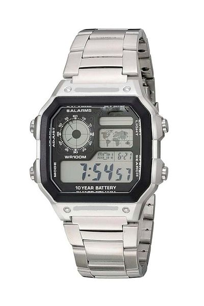 SKM Digital Watch for Men with 5 Alarms, Waterproof 100M, Stainless Steel Strap, LED Backlight, 10-Y