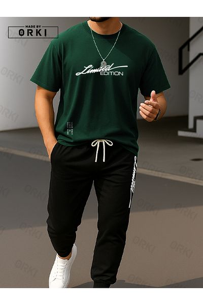 EFFRENATU Limited Edition Printed Oversize Forest Green T-Shirt & Black Pants Tracksuit Set
