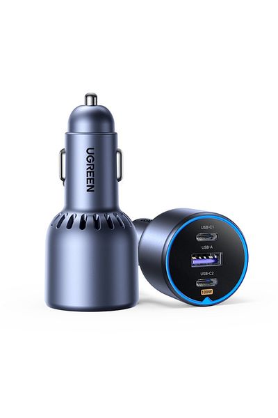 Ugreen Car Charger for Phone, Laptop, Fast Charge, LED Light, 2x USB-C, 130W, Type-C Cable, EC705, Gray