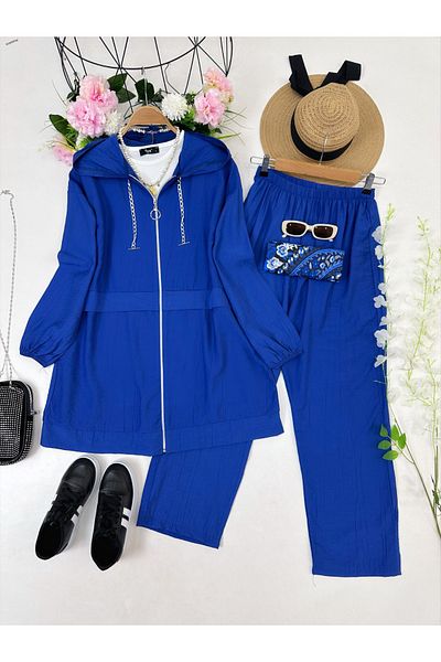 YEDİLALE Moti̇ve Hooded Zippered Relaxed Women's Double Tesstur Set