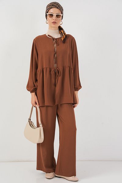 Bigdart Women's Front Lace-Up Tunic Trousers Double Set 6744 - Tan