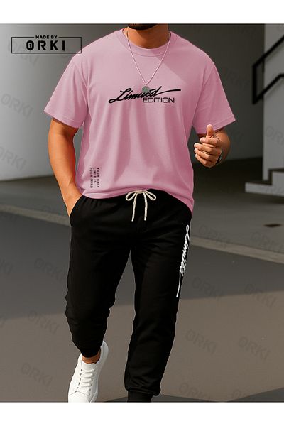 EFFRENATU Limited Edition Printed Oversize Pink T-Shirt & Black Pants Tracksuit Set