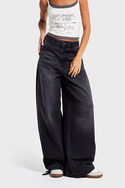 its basic Women's Smoked Color 2W5-1 Straight Baggy Fit 100% Cotton Wide Leg Lace Detail Loose Cut Denim Jean
