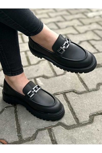 Odastore Black Buckle Women's Orthopedic Oxford Shoes