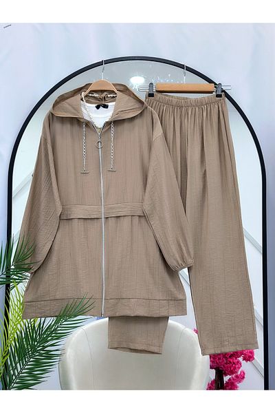 YEDİLALE Moti̇ve Hooded Zippered Relaxed Women's Double Tesstur Set
