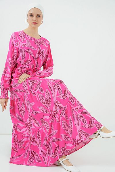 Merterium Women's Patterned Hijab Dress Fuchsia 1160