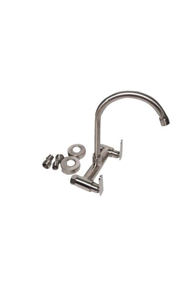 RAY Baterie bucatarie, dubla comanda, cu pipa gat lebada, cu montare pe perete, inox satinat