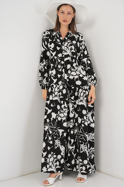 Bigdart Women's Patterned Long Hijab Dress 2585 - Black - White 1