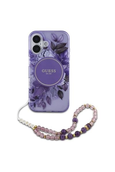 Guess Case for iPhone 16 Plus, IML Flowers with Pearl Strap MagSafe, - Purple