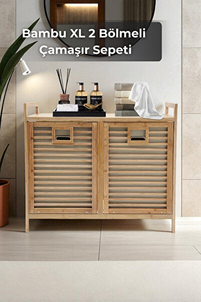 Sevinse Home Bambu XL Kirli Sepetli 2 Bölmeli Çok Amaçlı Banyo Düzenleyici Ça...