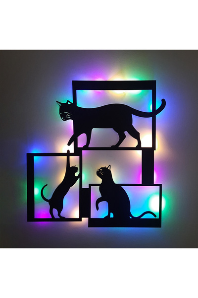Genel Markalar Led Işıklı Çerçeveli Kediler Dekoratif Tablo Balkon Duvar Deko...
