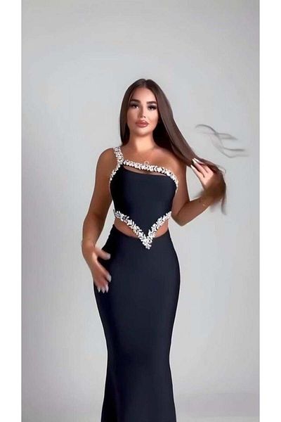 modamtn Women's Shoulder and Waist Detail Stone Detail Diver Fabric Dress