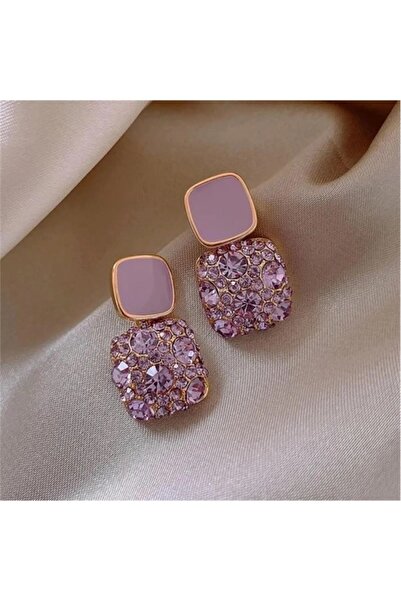 Gunessa Kare Küpe Lila Taşlı Zarif ve Şık Abiye Kadın Küpe Modeli