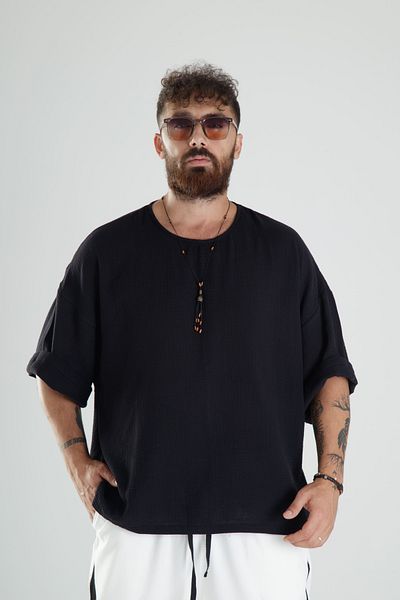 COCOPELLI Black Muslin Fabric Oversize Poor Sleeve T-Shirt