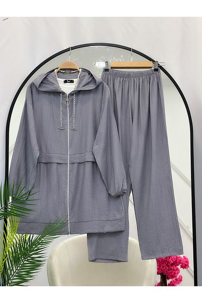 YEDİLALE Moti̇ve Hooded Zippered Relaxed Women's Double Tesstur Set