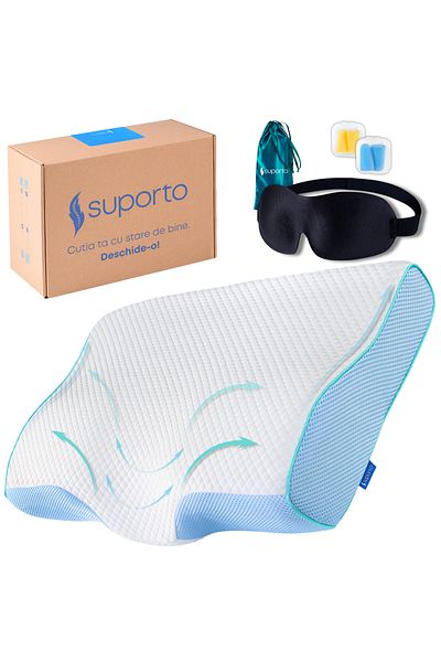 Suporto Blue Anatomical and Orthopedic Cervical Pillow Set + 3D Sleeping Mask, Comfortable Sleep.