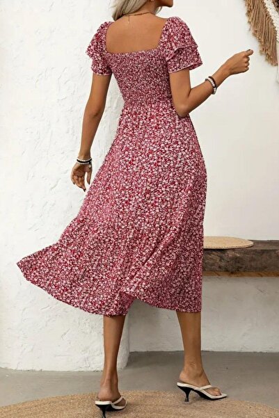 Mossta Square Neck Short Sleeve Gathered Waist Single Jersey Dress - Red