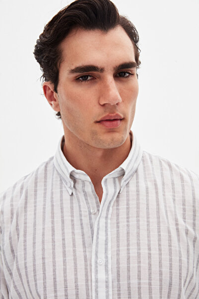 D'S Damat Ds Damat Slim Fit Gray Striped 100% Cotton Summer Linen Shirt