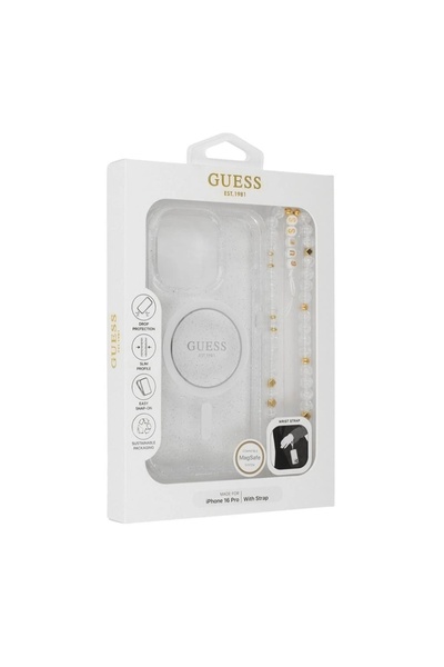 Guess Carcasă pentru iPhone 16 Pro, IML Glitter cu Curea Perlată MagSafe, - Transparentă