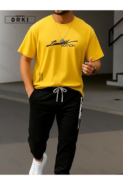 EFFRENATU Limited Edition Printed Oversize Yellow T-Shirt & Black Pants Tracksuit Set