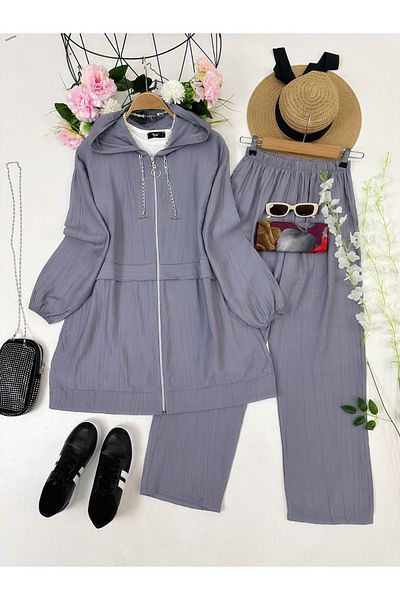 YEDİLALE Moti̇ve Hooded Zippered Relaxed Women's Double Tesstur Set