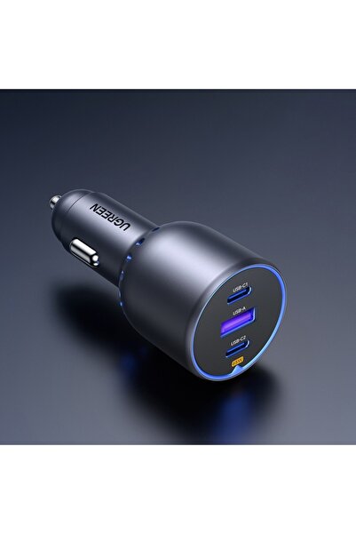 Ugreen Încărcător auto 3 în 1, încărcare rapidă, USB, 2x Tip-C, USB, 75 W, 3 A, PD3.0, QC 3.0, EC703, Negru