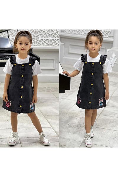 yns coolstar New Season Stitch Embroidered Buttoned Front Denim Salopet Gilet Dress and T-Shirt