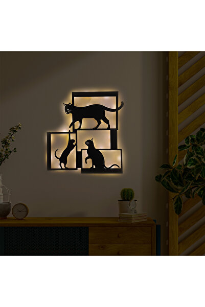 Genel Markalar Led Işıklı Çerçeveli Kediler Dekoratif Tablo Balkon Duvar Dekorlu Gece Lambası