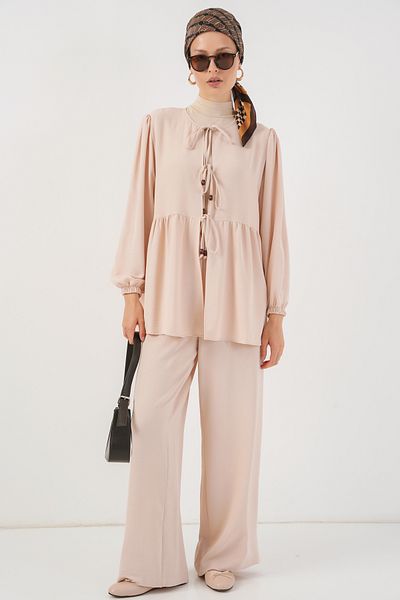 Bigdart Women's Front Lace-Up Tunic Trousers Double Set 6744 - Cream