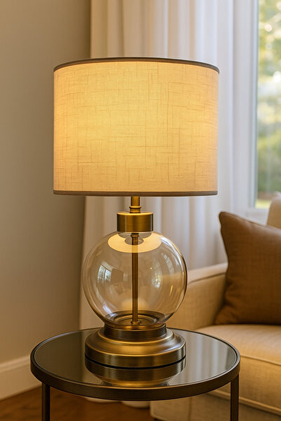 Muga Modern LUX Abajur Cam Ayaklı Krem Başlık Eskitme Renk Yatak Odası Oturma...