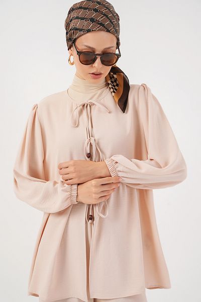 Bigdart Women's Front Lace-Up Tunic Trousers Double Set 6744 - Cream