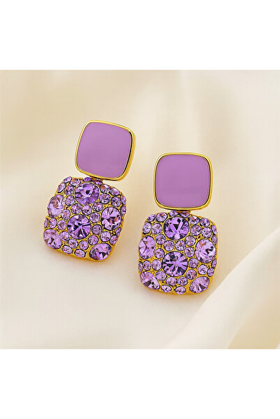 Gunessa Kare Küpe Lila Taşlı Zarif ve Şık Abiye Kadın Küpe Modeli