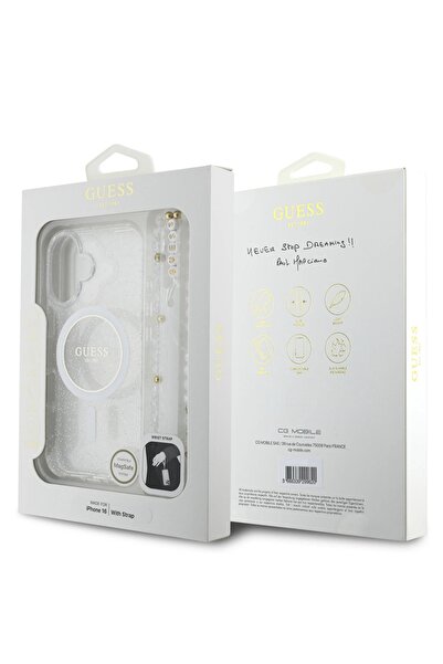 Guess Θήκη για iPhone 16 Plus, IML Glitter με λουράκι Pearl MagSafe, - Διαφανής