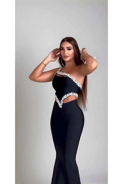 modamtn Women's Shoulder and Waist Detail Stone Detail Diver Fabric Dress