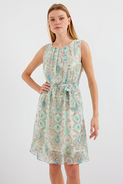 Merterium Women's Patterned Zero Sleeve Chiffon Dress Mint 1161