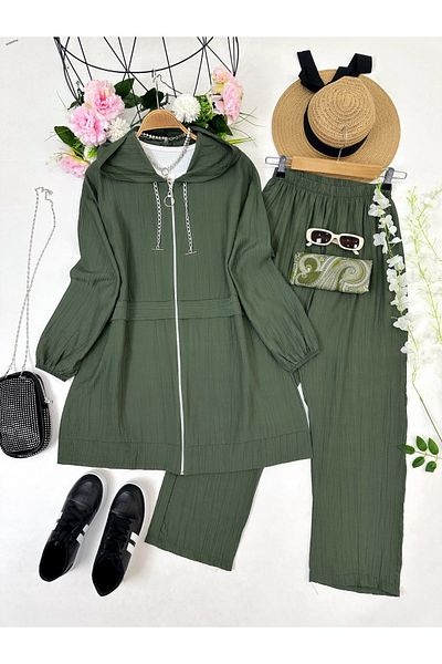 YEDİLALE Moti̇ve Hooded Zippered Relaxed Women's Double Tesstur Set