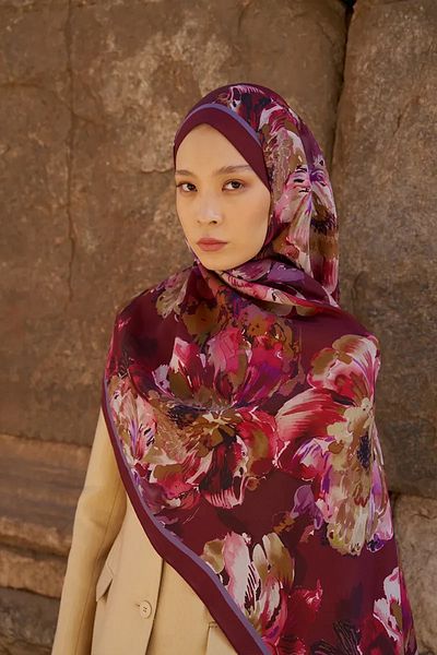 ED Scarf Sunrise Flower Pattern Shawl - Claret Red