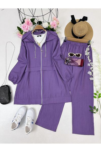YEDİLALE Moti̇ve Hooded Zippered Relaxed Women's Double Tesstur Set