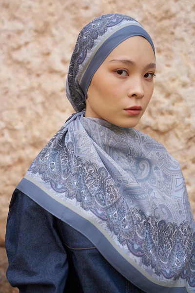 ED Scarf Sunrise Etnik Desen Şal - Mavili Gri