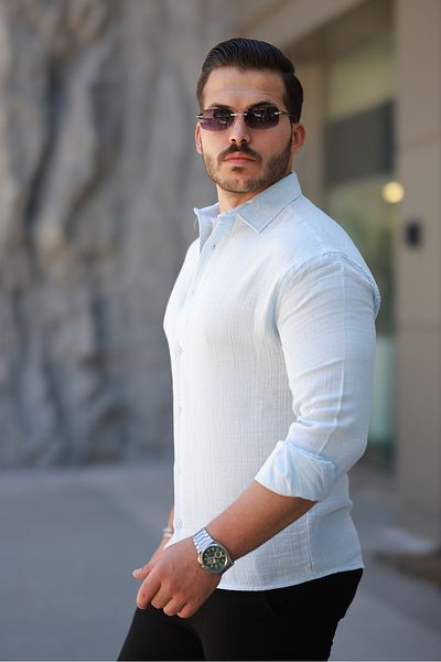 COMBİNE MİCHAİL Men's Linen Look Blue Loose Muslin Shirt