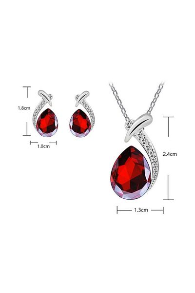 RAHEL Set of necklace with pendant and earrings, inlaid with zircon, in the shape of a water drop, Red