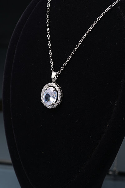 CALKARCOLLECTION Oval Cut Stone Silver Color Stainless Steel Necklace