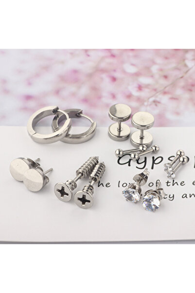 RAHEL Set of 6 pairs of Punk earrings, 8 mm, Silver