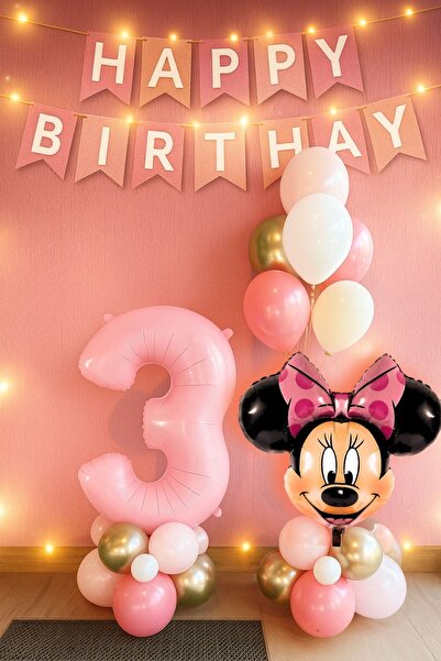 PARTİAVM 3 Yaş Minnie Mouse Pembe Rakam Balonlu İyi ki Doğdun Yazılı Banner M...