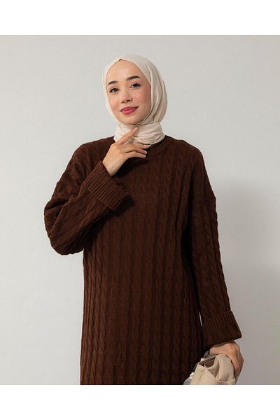 POİNE Women's Crew Neck Hair Braided Knitwear Dress