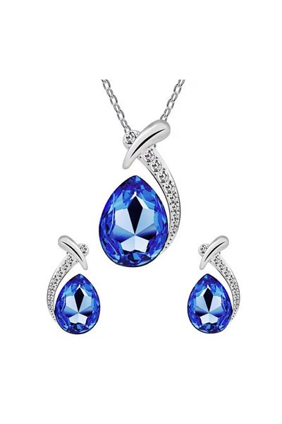RAHEL Set of necklace with pendant and earrings, inlaid with zircon, in the shape of a water drop, Blue