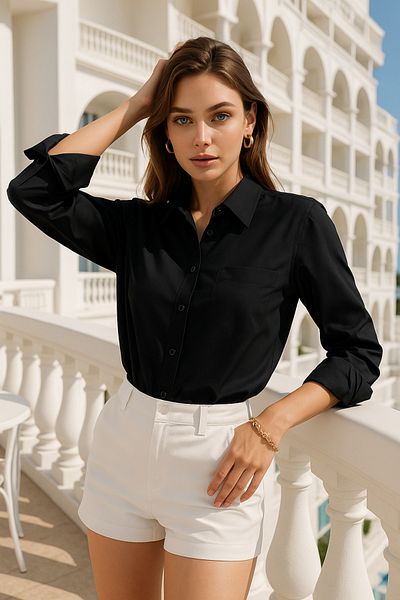 Rich Cămașă de damă din poplin cu buzunar - Cămașă slim fit cu nasturi la modă