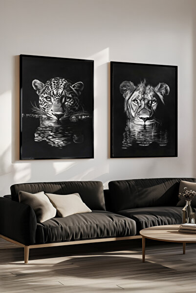 STARYUNA Set de pictură dublă cu leopard și leu, alb-negru, cu rame negre, pi...