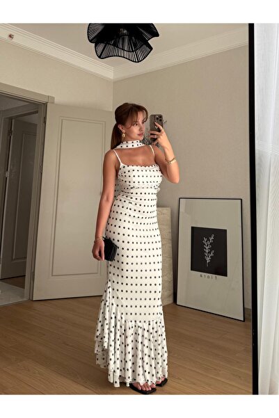 BAŞARAN Φόρεμα σιφόν με λευκό πουά σάλι