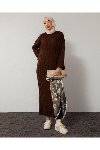 POİNE Women's Crew Neck Hair Braided Knitwear Dress